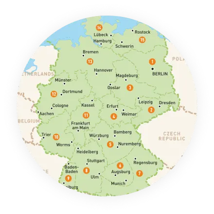 Weltkugelsymbol im Kartenstil mit nummerierten Regionen wie Berlin und Leipzig – steht für den Rechenzentrumsstandort von Hostoo in Bayern und dessen Erweiterungspotenzial